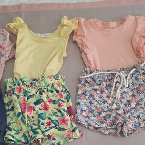 Velvet Yellow Floral Pull-On Shorts Set with Pink Ruffle Top